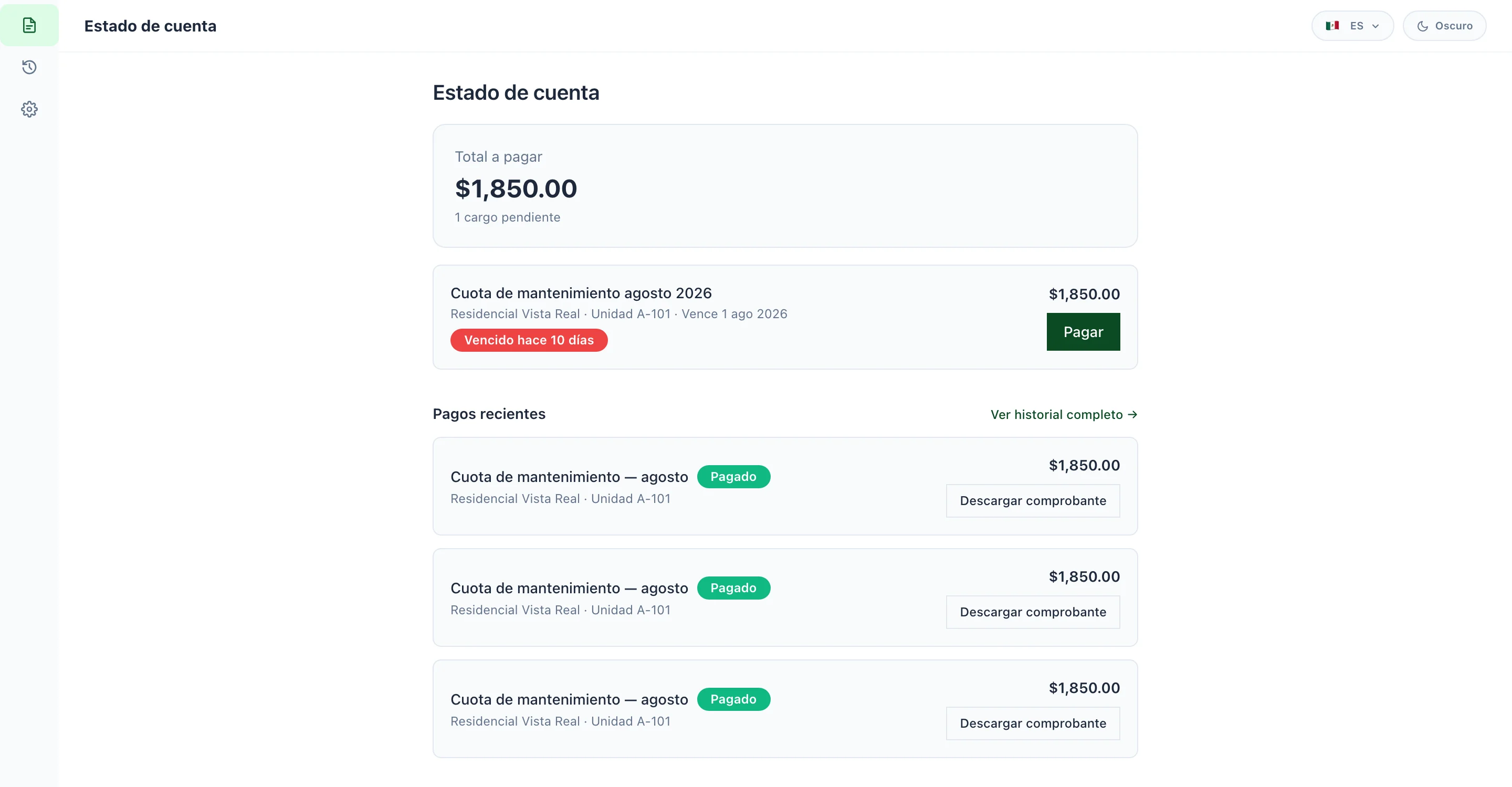 Resident account statement in RentVite Condo, showing the outstanding balance and the pay button